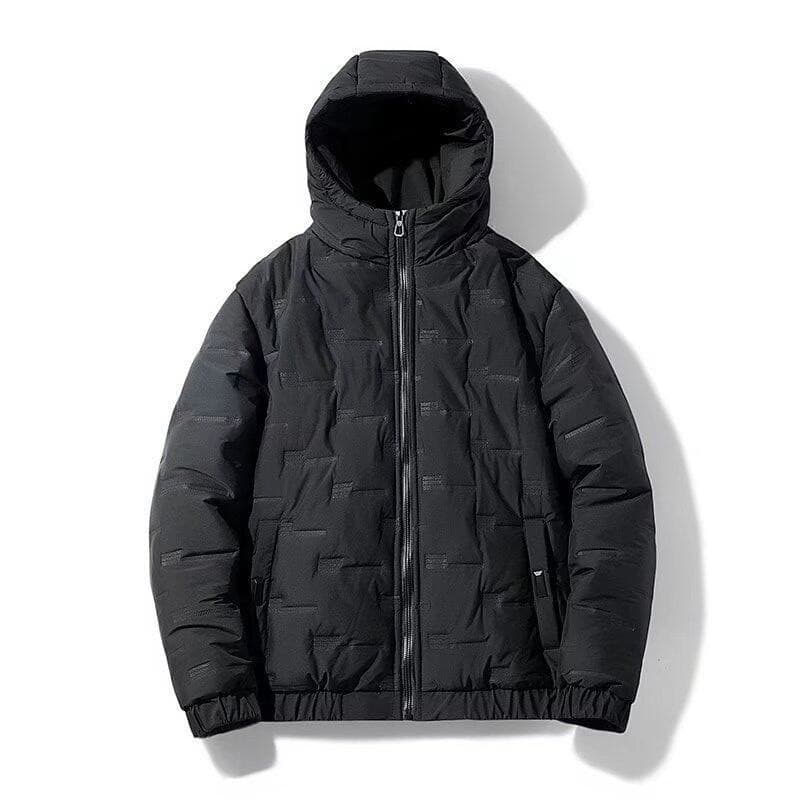 Men's Winter Hooded Puffer Jacket - Lightweight Warm Coat With Stylish Ribbed Hem, Zip Closure & Side Pockets (Black, Bean Grey, Khaki)