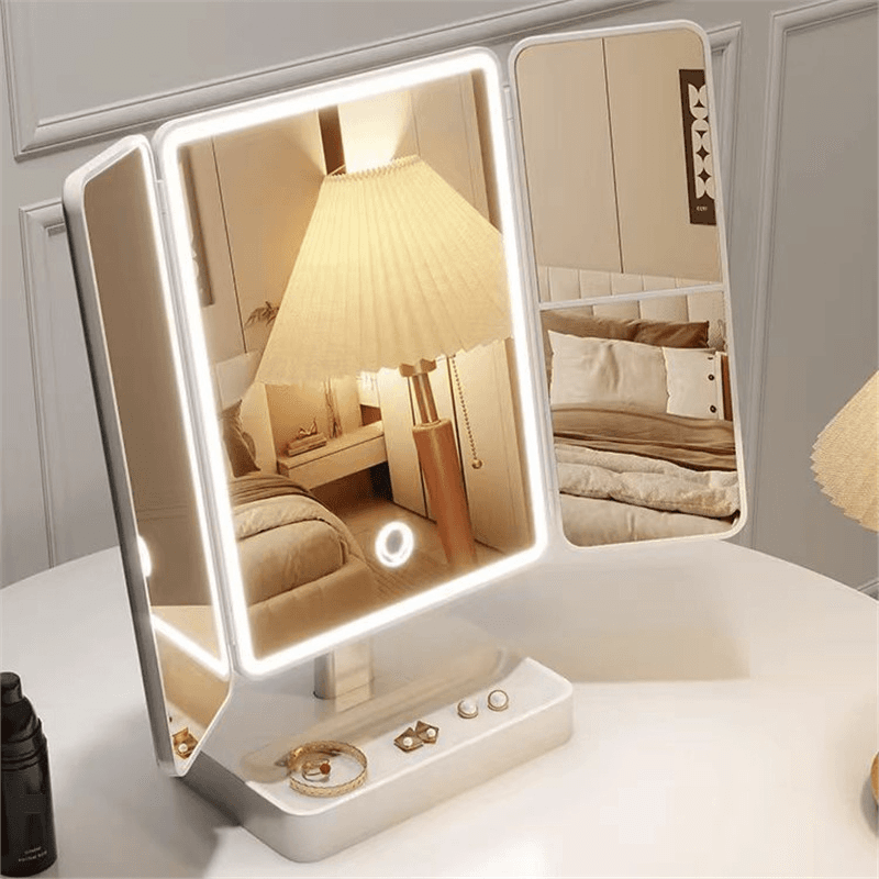 Makeup Mirror With Light Desktop LED Luminous Desktop Fill Light Folding Dressing Table Shell Smart Double Open Beauty Mirror