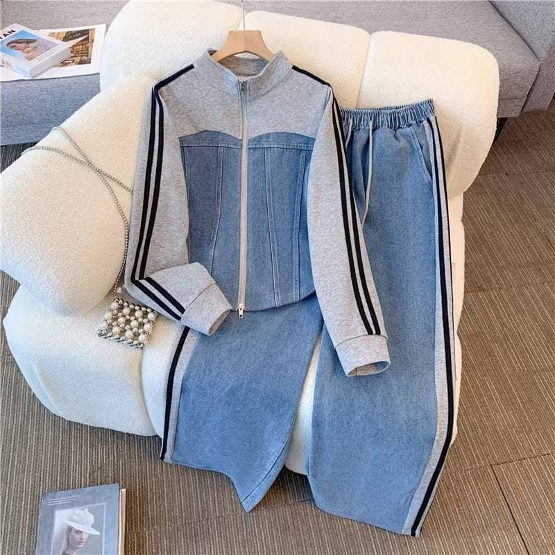 Women's Clothing Stylish And Slim, Denim Splicing, Contrasting Colors, Casual Straight Pants, Popular Two Piece Suits