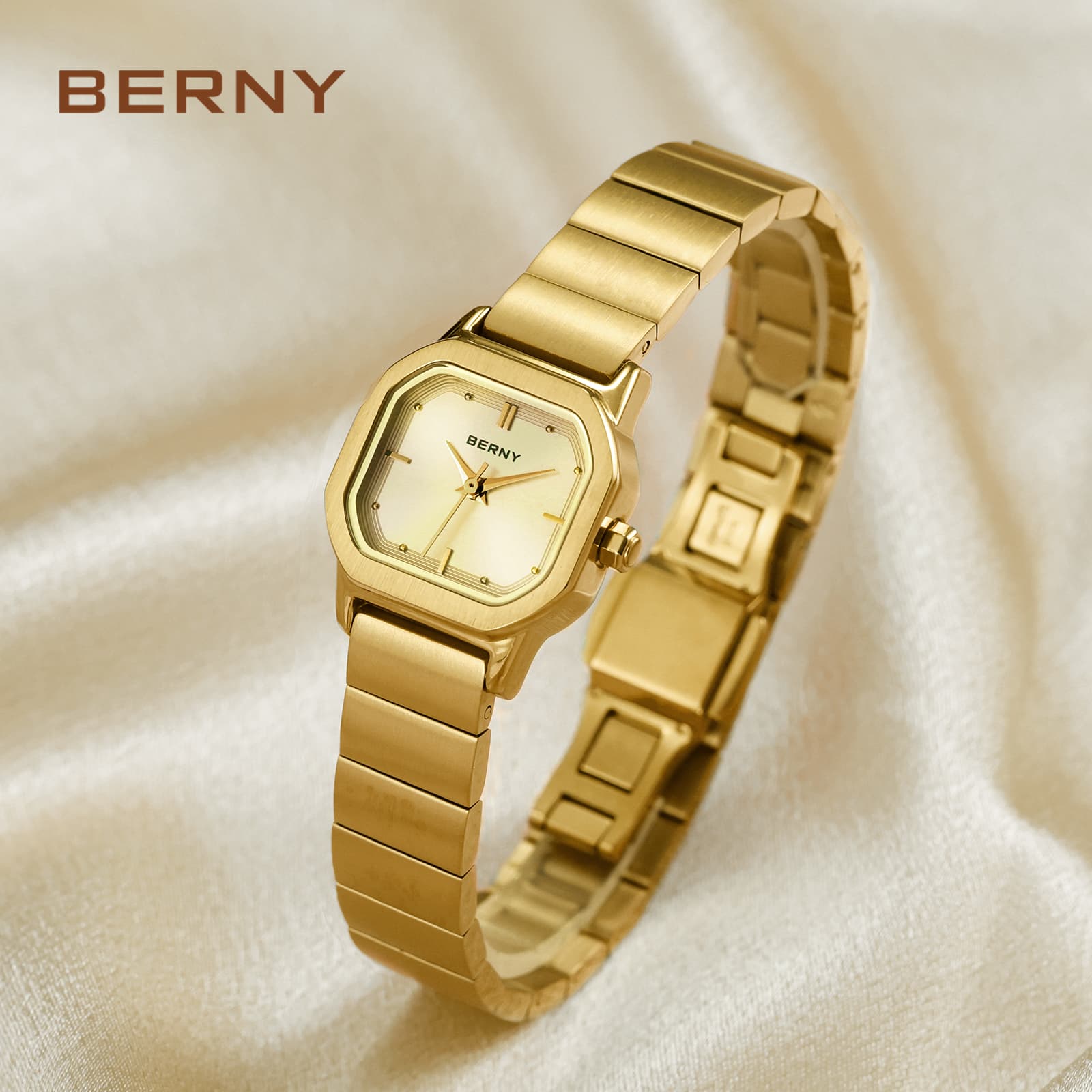 BERNY Small Watches For Women Dainty Minimalist Square Ladies Analog Quartz Wrist Watch Stainless Steel Waterproof Fashion Luxury Womens Watch Gifts