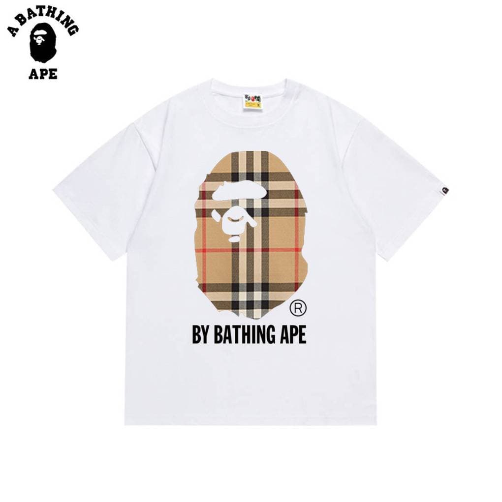 A BATHING APE BAPE&BB Checkered Striped Monkey Head Letter Print High-Quality Pure Cotton Short Sleeved Unisex1