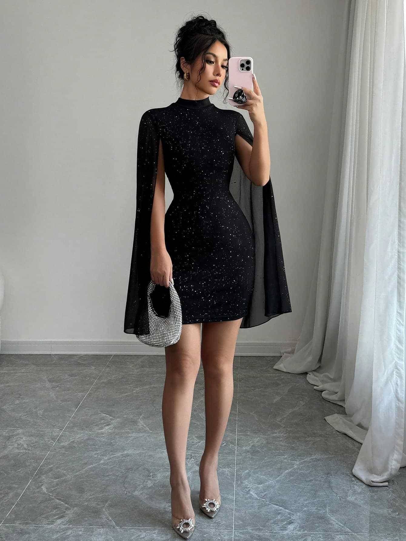 Women's Clothing Shiny Print High Collar Lantern Sleeve Tight Dress Sexy Hot Girl Party Hip Skirt