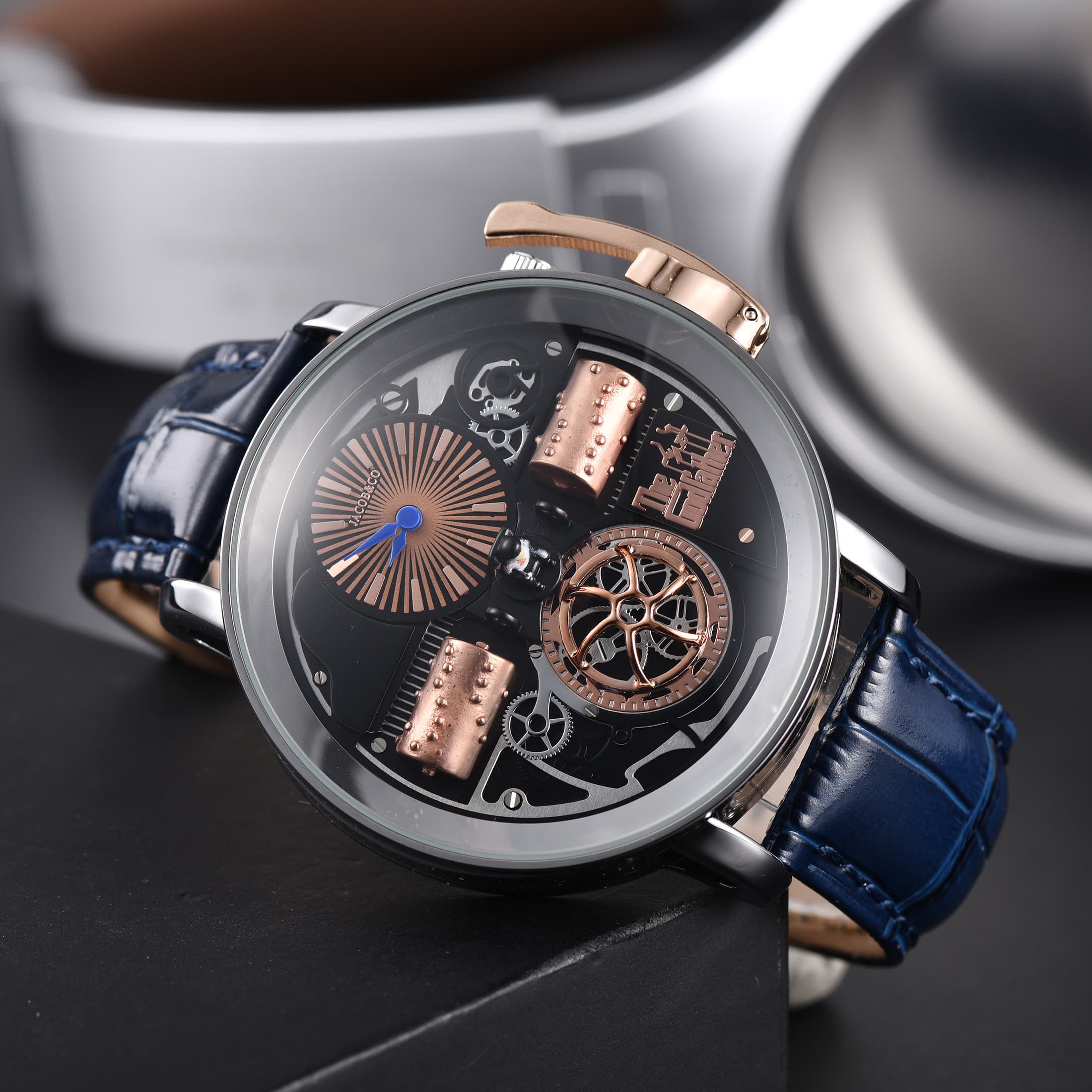 Montre homme Le Parrain de l'Opéra, édition limitée, cadran squelette, quartz, boîtier en or rose et acier, bracelet crocodile, pièce de collect
