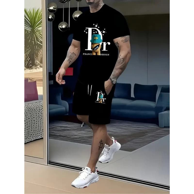 Ensemble t-shirt et short de sport tendance pour homme, imprimé décontracté, manches courtes.