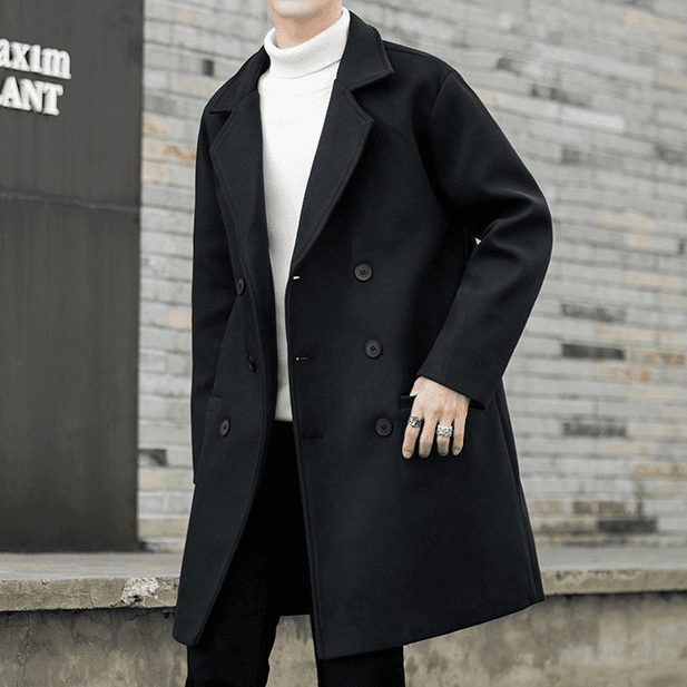 Men's double-breasted woolen coat Men's mid-length over-the-knee trench coat