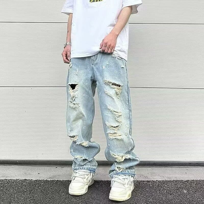 Men's Clothing vibe style pants high street fashion design washed ripped jeans men's retro street wide leg trousers