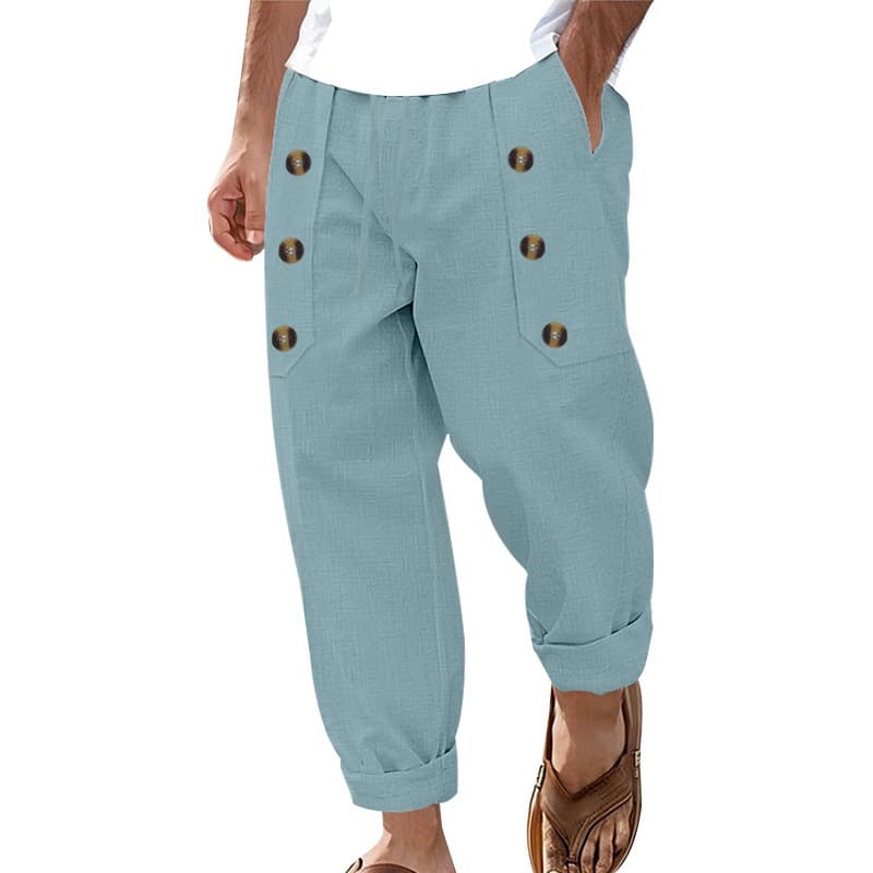 Men's Clothing Casual Beach Men's Casual Multi button Cotton and Linen Loose Trousers
