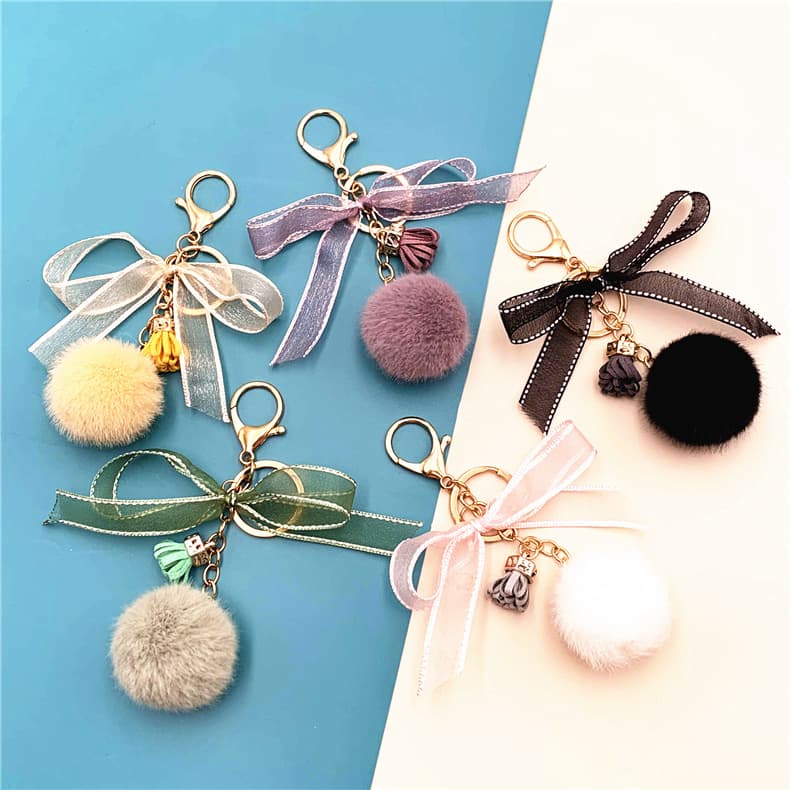 Bag Charm Cute Bow Keychain Lace Fur Ball Bag Plush Pendant Cartoon Car Keychain Small Gift Accessories