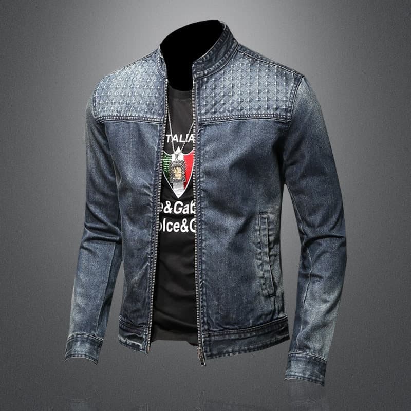 Men's Clothes Individual Stand-up Collar Motorcycle Denim Jacket For Men Vintage Embossed Craft Jeans