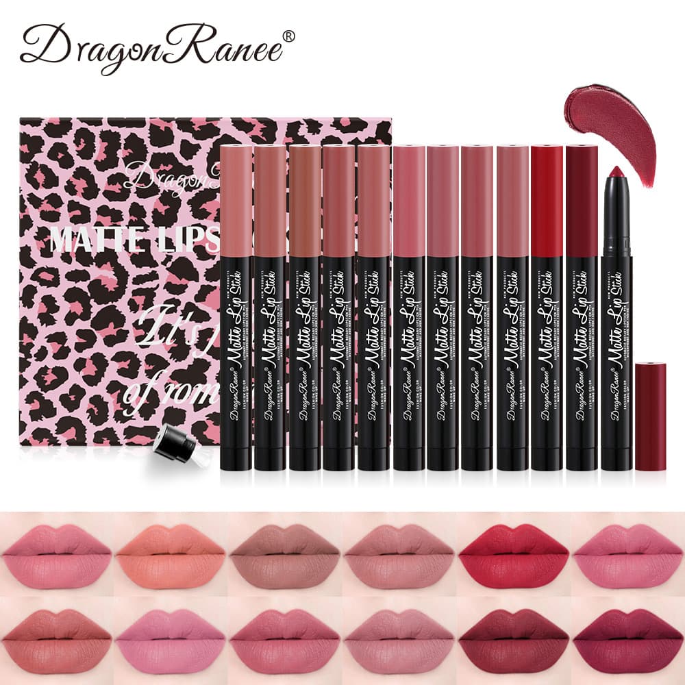 12 Color Lipstick Pen Set Matte Velvet Matte Female Lipstick Pen With Pencil Sharpener Automatic Lip Liner Set