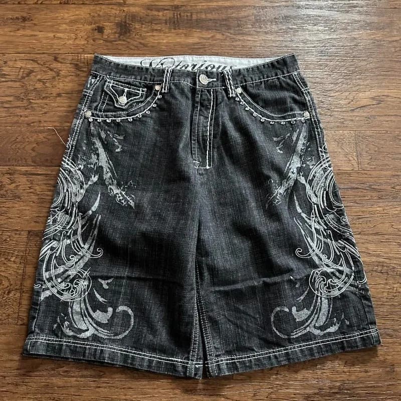 Heavy Embroidery Rhinestone Denim Shorts Trendy Harajuku Style For Men And Women Dark Color Style