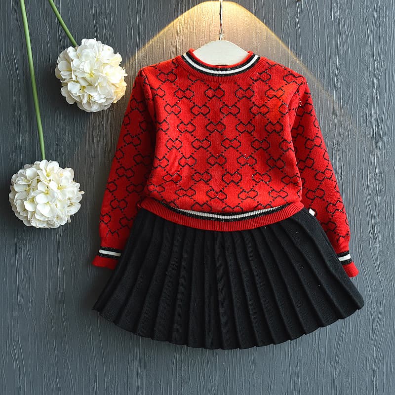 Children's clothing children's clothing autumn girls' trendy knitted sweater + wrinkled skirt two-piece set children's suit
