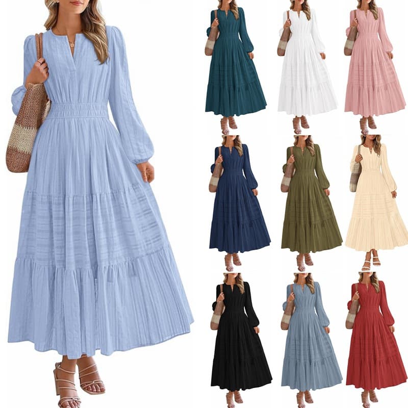 Women's V Neck Long Sleeve Dress Gathered Waist Layered Full Skirt Bestselling