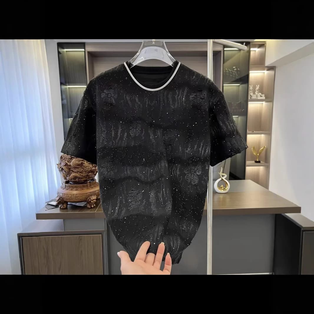 Men’s Clothing Starry Sky Hole T-Shirt - Light Luxury Summer Short Sleeve Casual Top