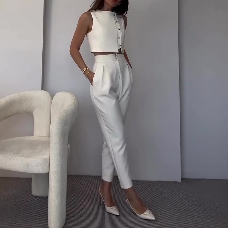 Women's summer new sleeveless temperament vest top high waist straight lead pants suit