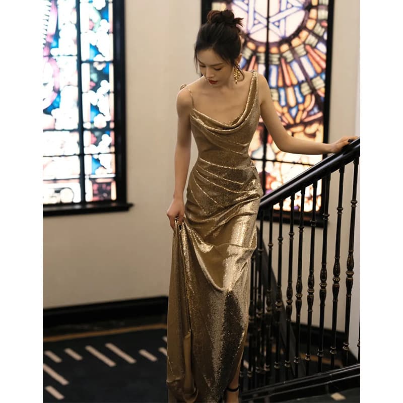 Women's Clothing Sequins Sexy Slim Backless Banquet Host Engagement Dress Bride Toast Dress