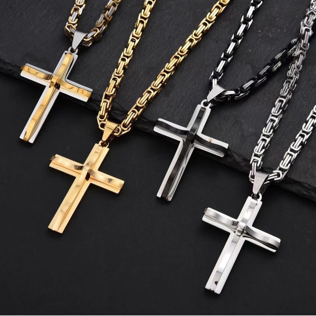 New Convex Stainless Steel Double Layer Cross Pendant Necklace Hip Hop Jewelry Trendy Men's Accessories