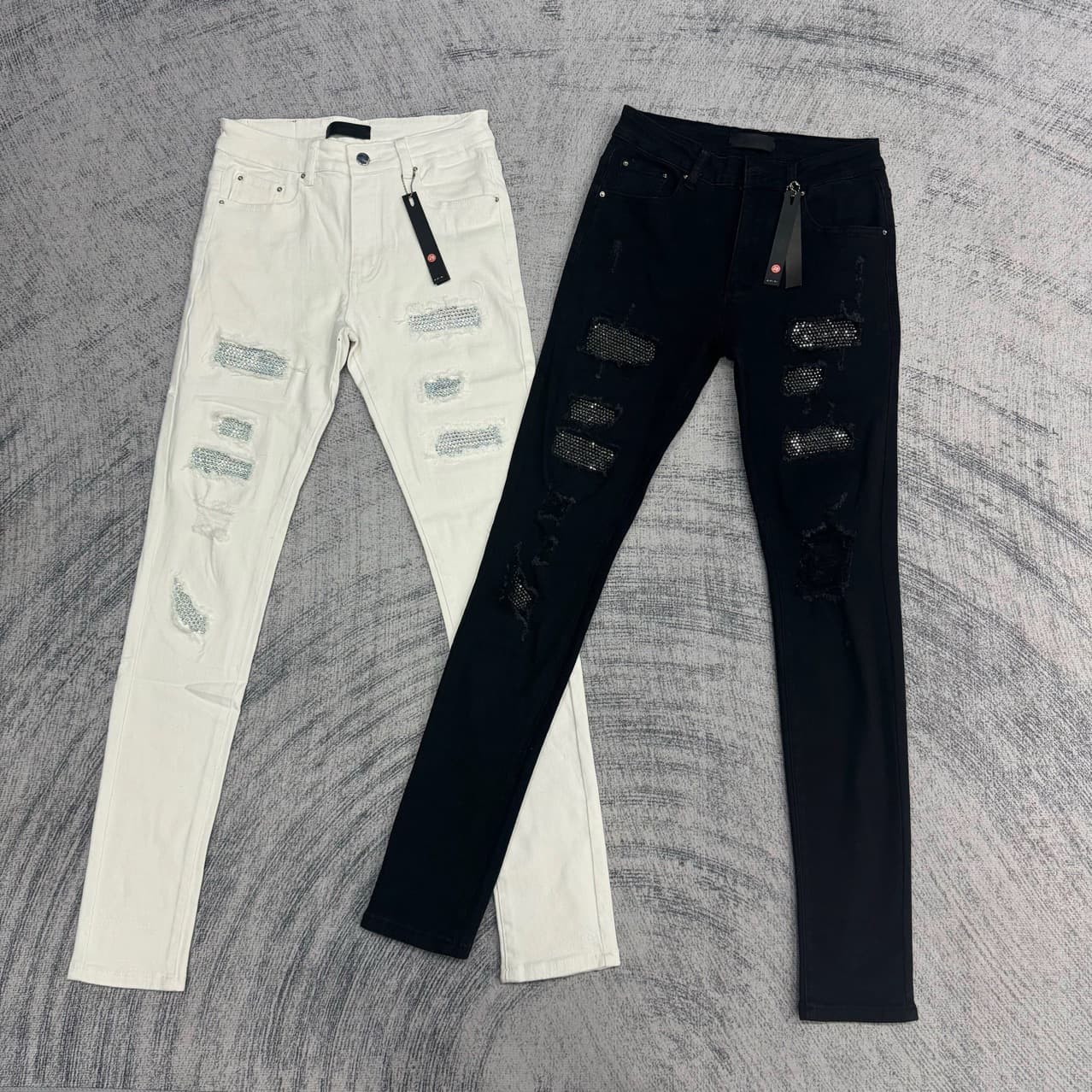 Men's Clothing Self Owned Am Black Hot Diamond Hole Jeans High Street Black Basic Hole Tight Stretch Jeans Trousers