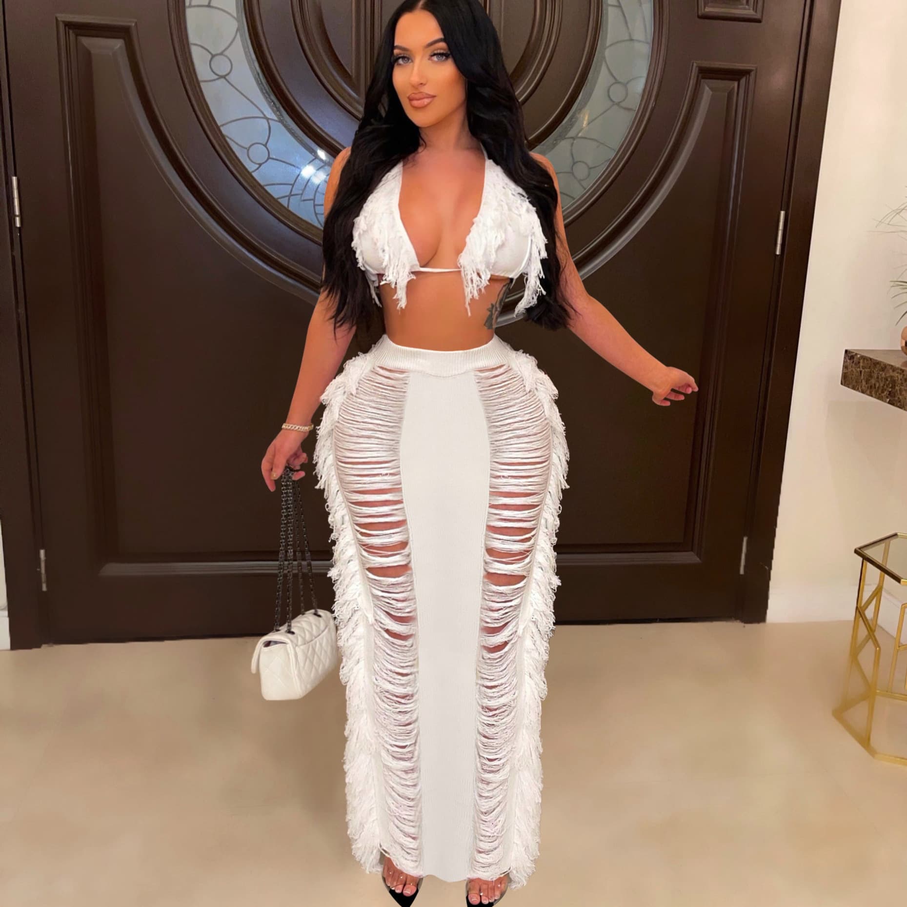 Women's Clothing Women's Sexy Tassel Knitted Beach Dress Set Hot Sale