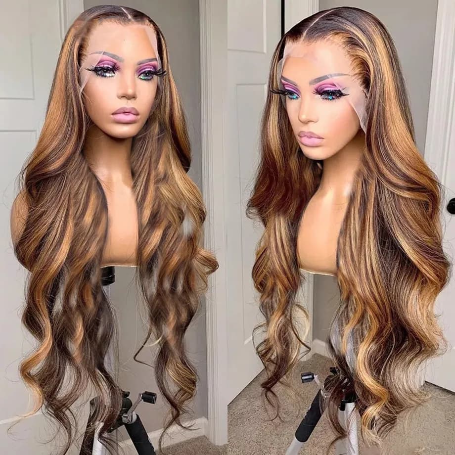 13x6 HD Highlight Wig Human Hair 30 Inch Body Wave Lace Front Wig Ombre Colored Brazilian Honey Blonde Wigs