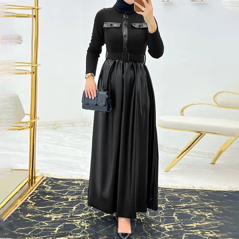 Women's Clothing Muslim solid color stitching leather material with belt fashionable and elegant dress