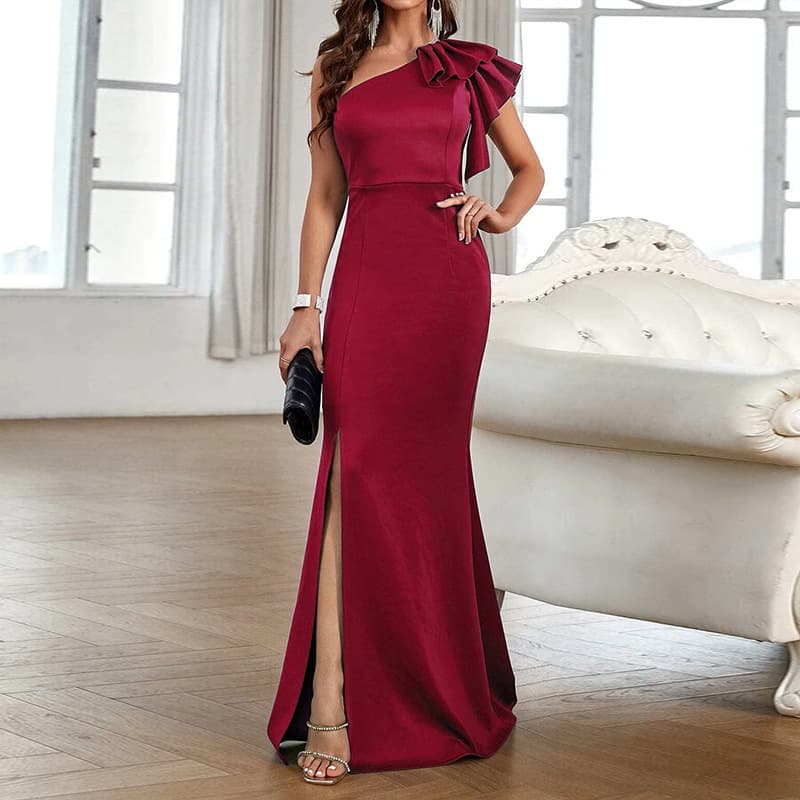 Women's Clothing one shoulder ruffled slit fishtail hem prom bridesmaid dress banquet wedding engagement dress