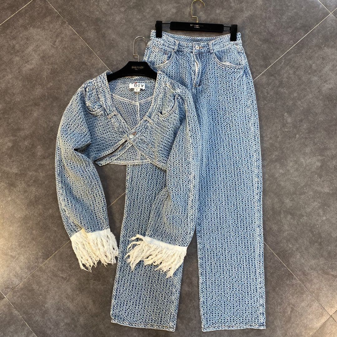 Women's Clothing two piece V neck tassel long sleeved solid color short jacket with high waist wide leg pants denim suit
