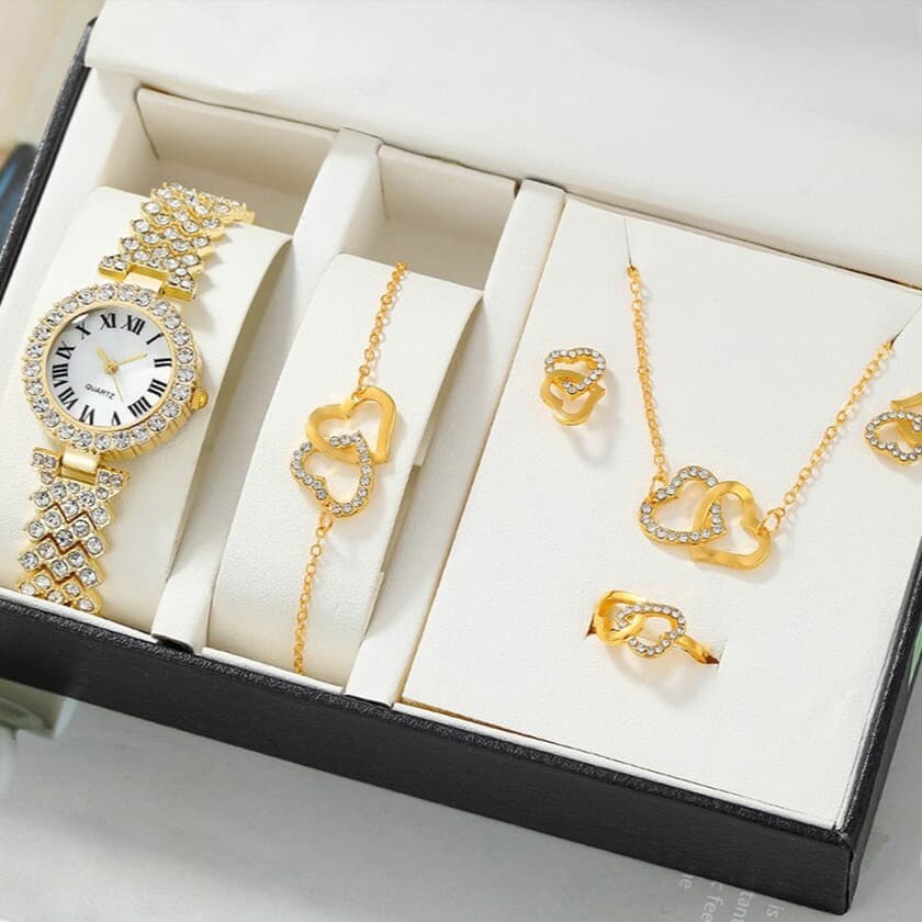 Elegant Heart-Shaped Jewelry Set For Women - Necklace, Bracelet, Earrings, Ring - Gold, Silver, Rose Gold