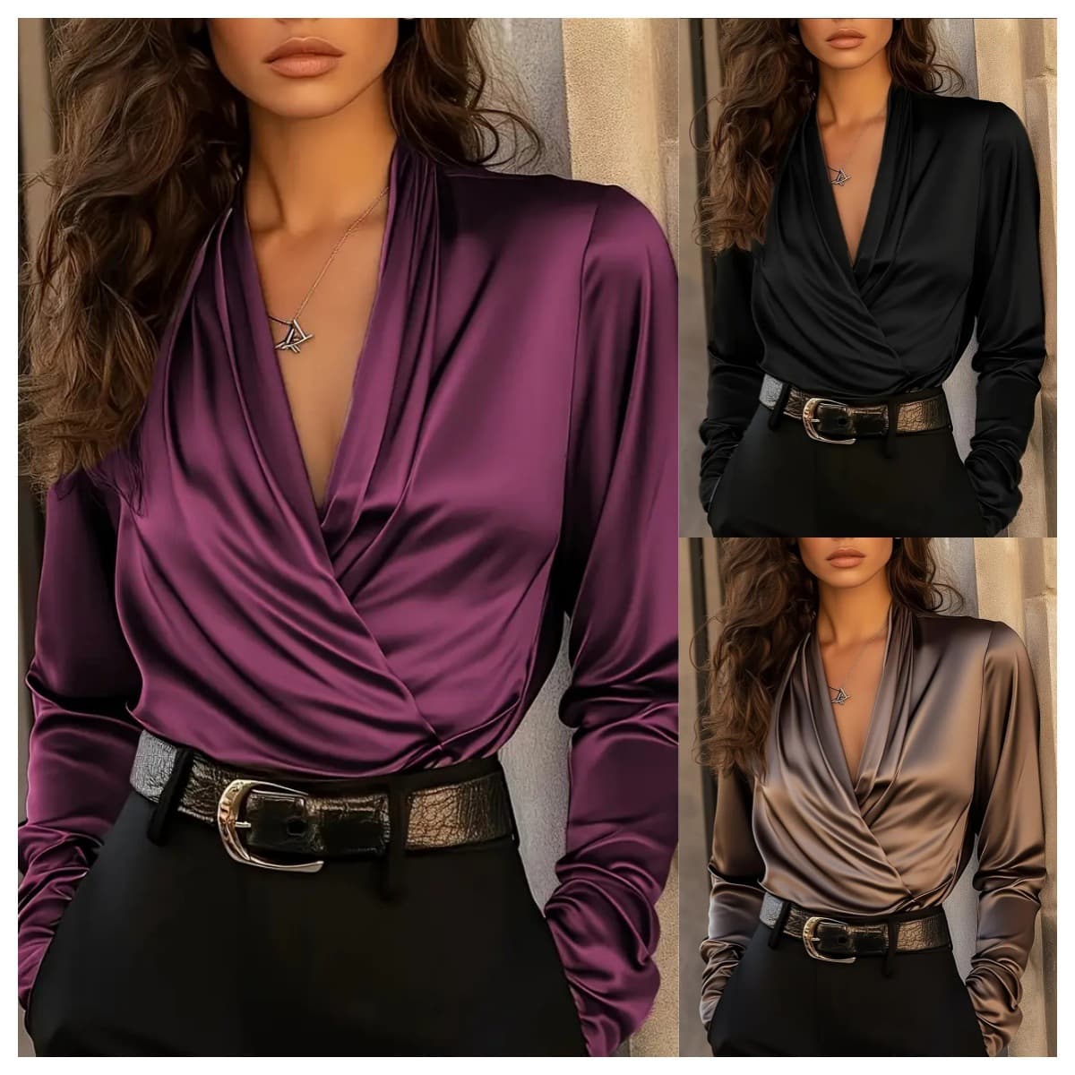 Women's Premium Satin V-Neck Blouse – Luxe Work-to-Weekend Shirt In Fuchsia/Burgundy/Black (Sizes S-XXL)