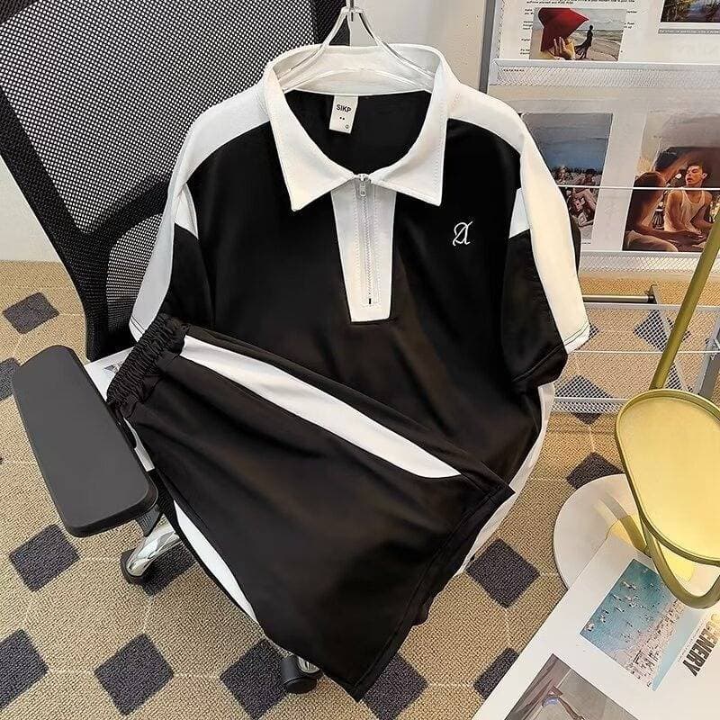 Men's Clothing Summer Ins Trendy Casual Sports Suit Men's POLO Shirt T Shirt Contrast Color Top Korean Style With Shorts Two Piece Suit