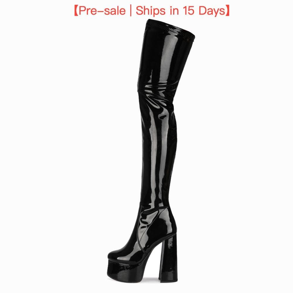 【Pre-sale | Ships In 15 Days】Round Head Super High Heel Patent Leather Over-knee Skinny Leg Women's Fashion Leather Boots Large Size Boots