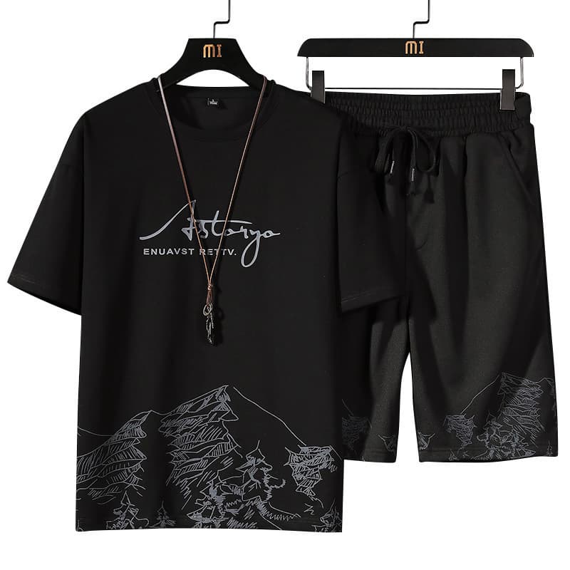 Men's Short-Sleeved T-Shirt Suit Snow Mountain Print Slim Fit Large Size Sports Two-Piece Set
