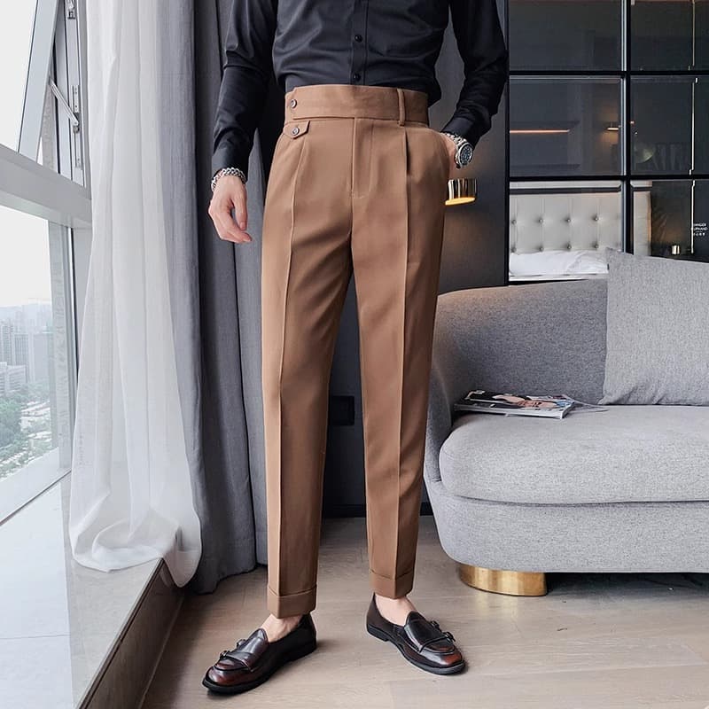 Men's Slim Fit High Waist Dress Pants - Straight Leg Business Casual Trousers In Black, White & Brown