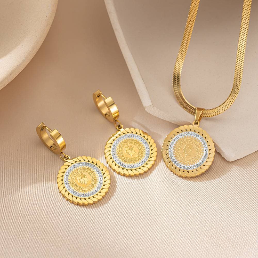 Unisex Jewelry Fashion Temperament High-end Cold Style Round Geometric Portrait Coin Teardrop-shaped Gold-plated Titanium Steel Pendant Earrings