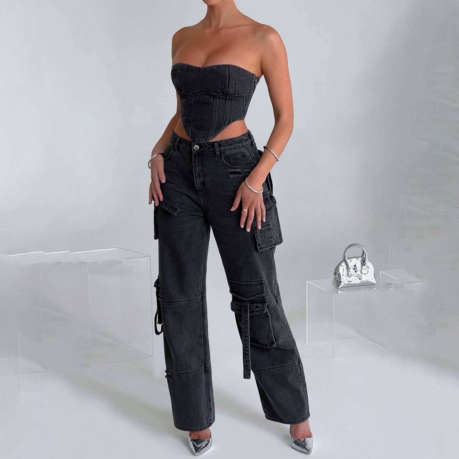 Women's Clothing Low Waist Three-dimensional Pocket Patchwork Jeans
