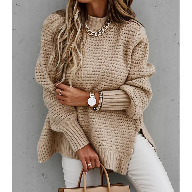 Women's Semi-turtleneck Solid Colored Hand-side Split Knit Sweater