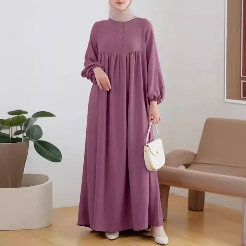 Muslim Women's Robe Spring And Autumn Fashion Casual Puff Sleeve Simple Solid Color Dress