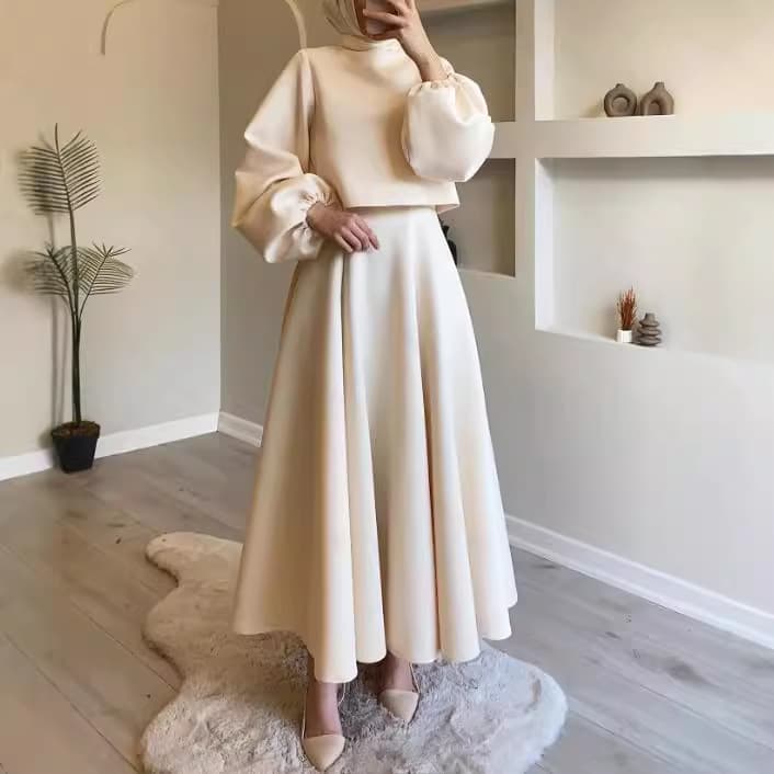 Women's Clothing solid color short tops fashionable and elegant big swing skirt suit
