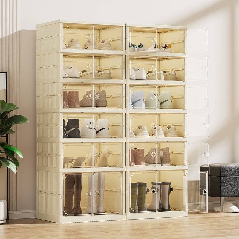 Family Organizer 2 Tier Magnetic Clear Foldable Storage Box With Dustproof Cover No Assembly Stackable Design For Closet Entryway