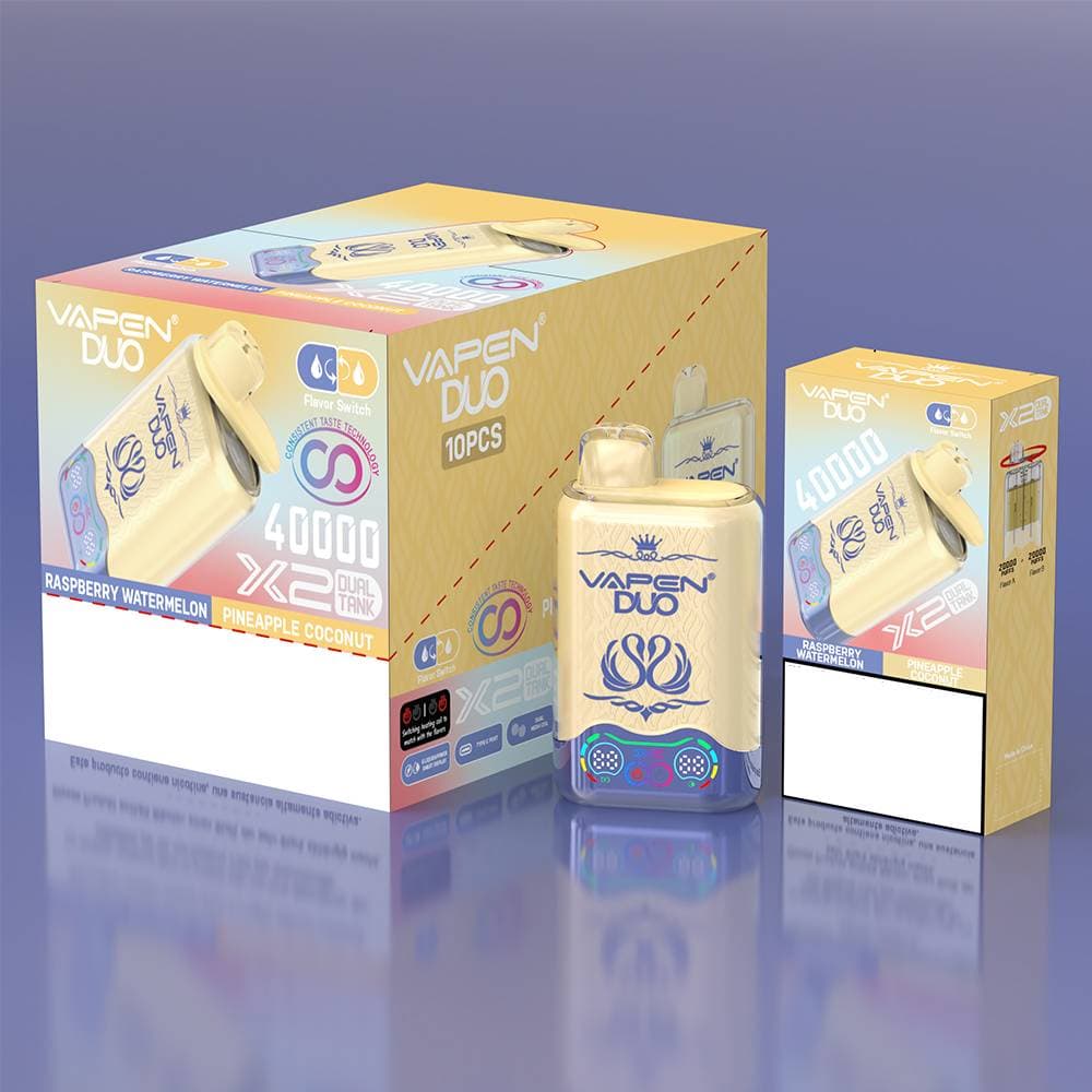 Vape jetable 10 pièces VAPEN DUO 2-en-1 Twins – 40 000 bouffées, double saveur cristal, Razz et citron vert, double réservoir, résistances en