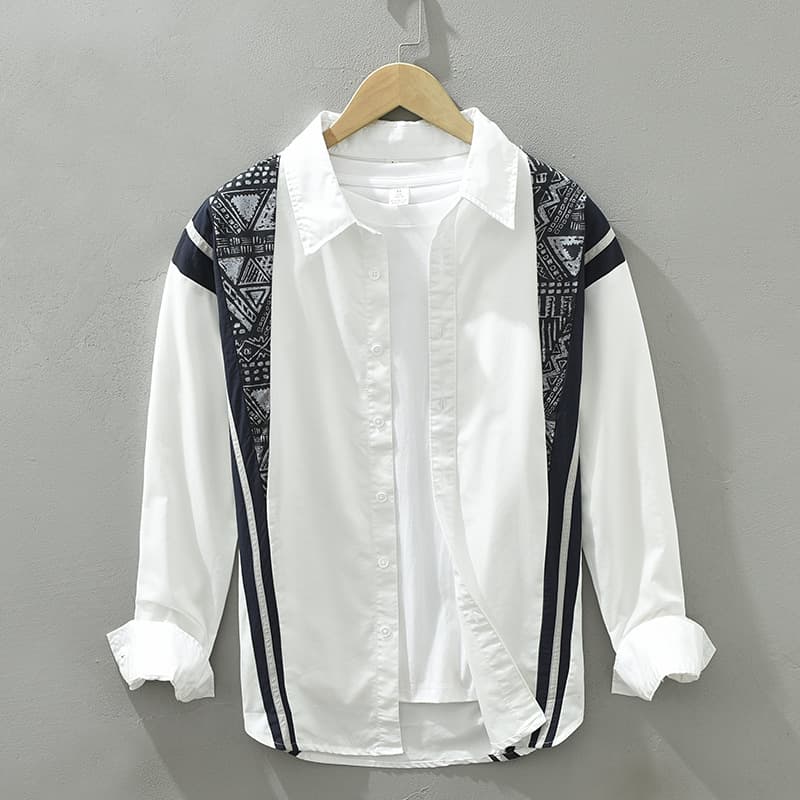 1325 Long Sleeved Shirt For Men's Fashionable Retro Stitching Printed Loose Shirt Top Single Piece Straight