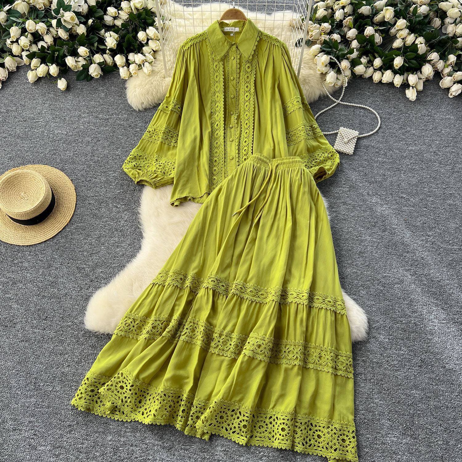 Women's Clothing Age Reducing Suit High Grade Hollow Lace Splicing Lantern Long Sleeved Shirt High Waisted Slim Fitting Skirt