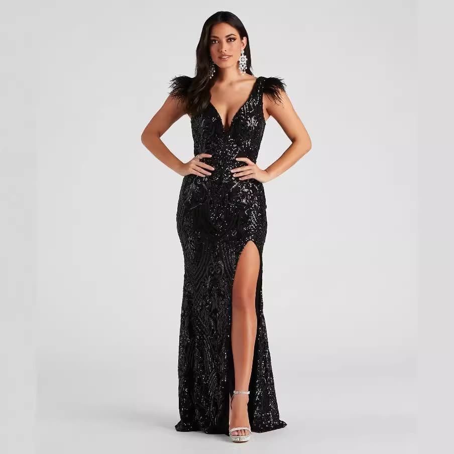 Women's Clothing Fashion Slimming High Density Sequin Banquet Evening Dress