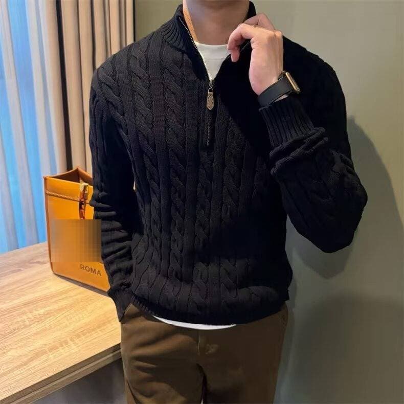 Old Qian Style Cable Knit Polo Shirt Men's Autumn And Winter Half Zipper Heavyweight Cable Knit Sweater Stand Collar Inner Layer Base Shirt