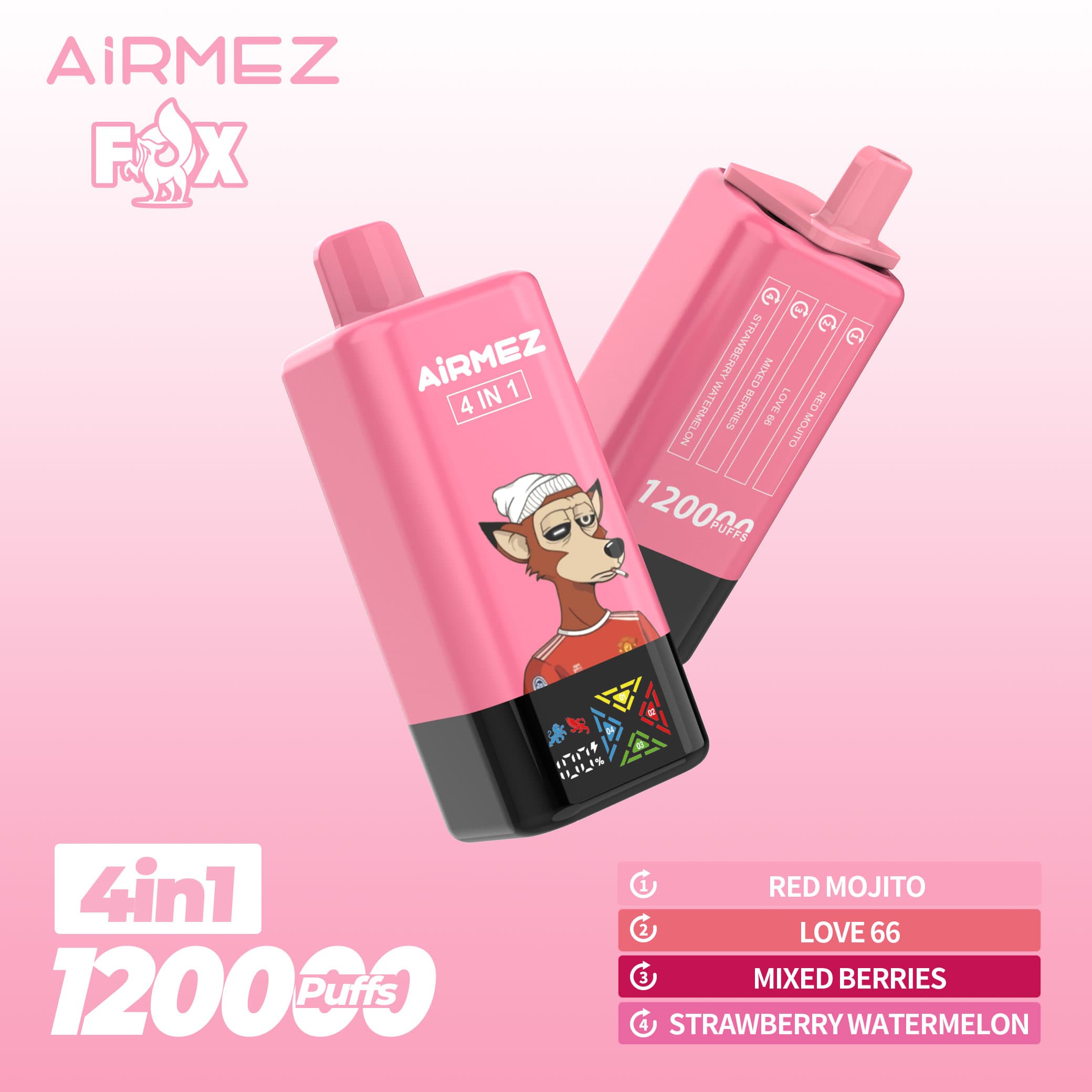 Airmez Fox 120K bouffées, 4 saveurs en 1, nouvelle cigarette électronique rechargeable originale avec écran LCD, jetable, entrepôt UE