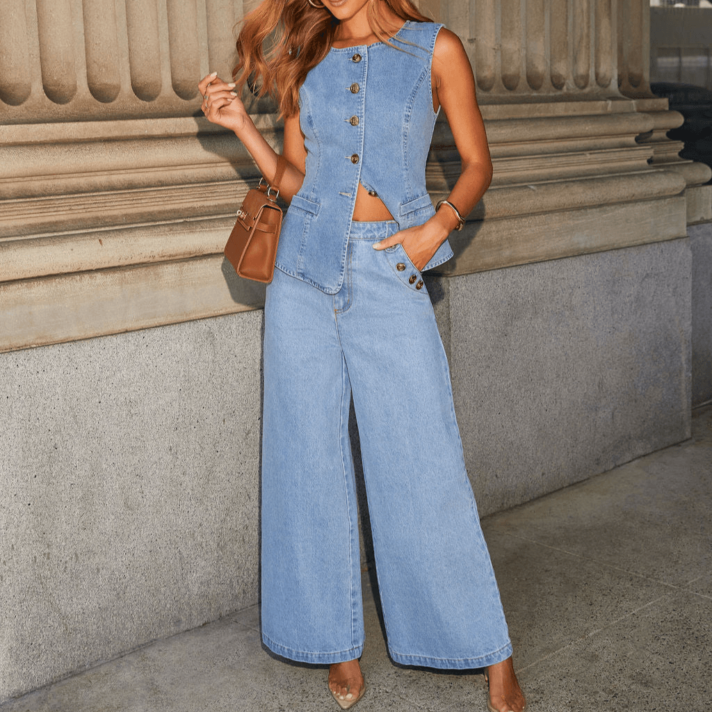 Women's Vintage Denim Two Piece Set - Sleeveless Cropped Jacket & High Waist Wide Leg Jeans