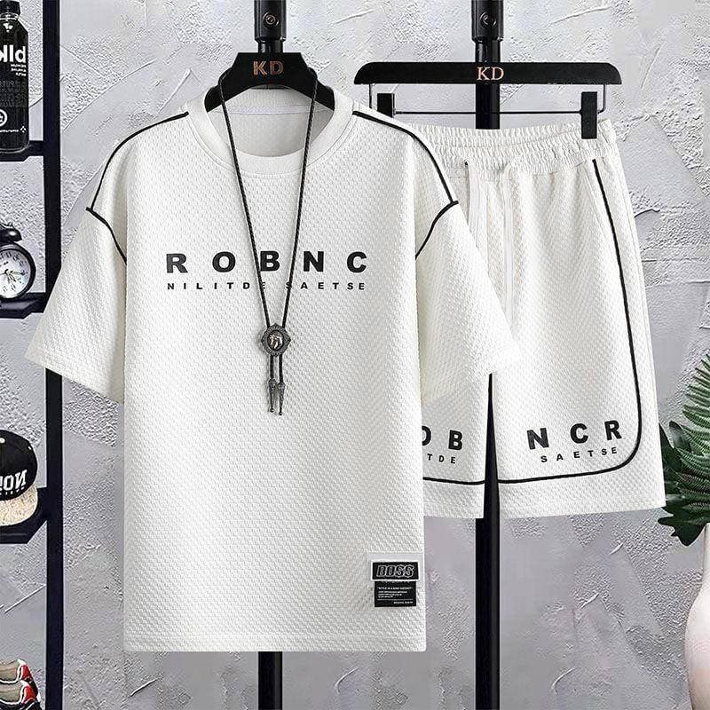 Men's Clothing Summer Ice Silk Suit Men's Loose Short-sleeved T-shirt Shorts Thin Breathable Trendy Waffle Leisure Sports Set