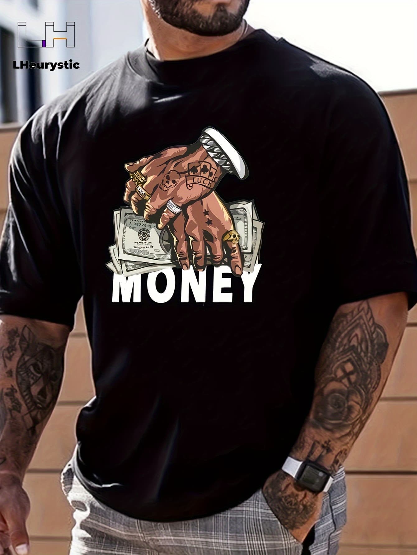 100% Pure Cotton Men's Summer Fashion Short Sleeved Money Printed Casual Slim Fit Versatile T-shirt Top