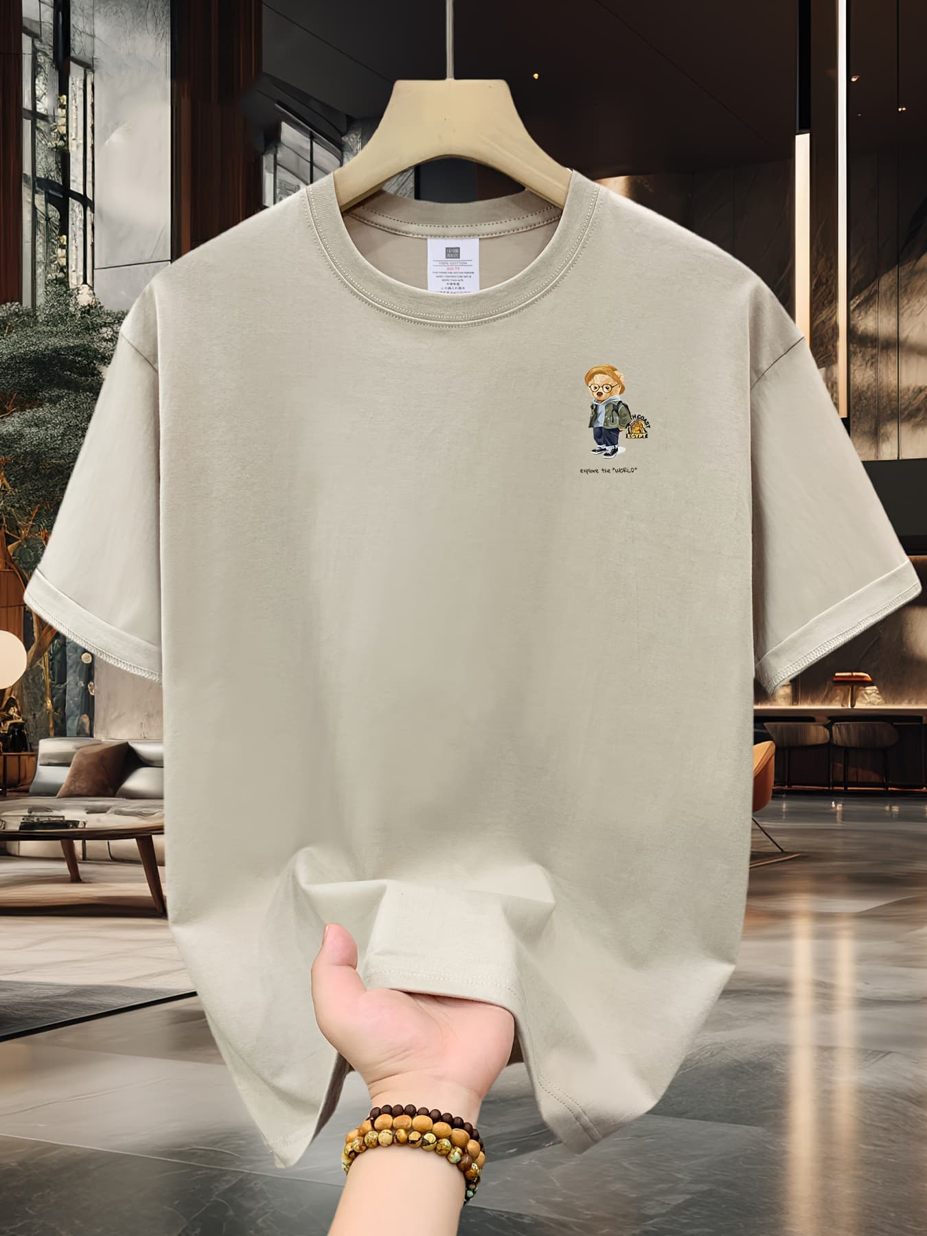 100% Pure Cotton Men's Summer Fashion Short Sleeved Travel Bear Print Casual Slim Fit Versatile T-shirt Top