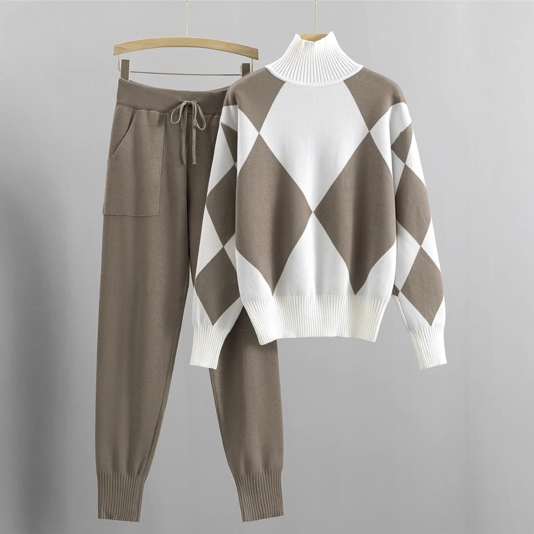 Fashion suits for women new casual knitted plaid sweater two piece suit European goods trend